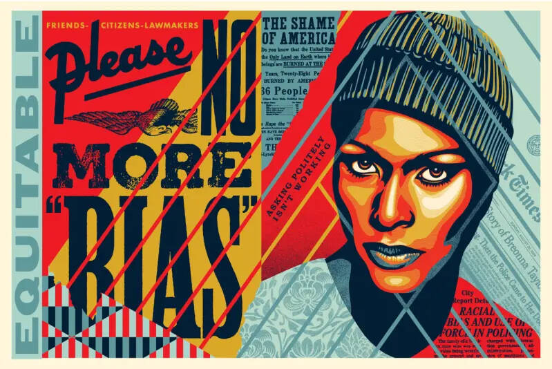 A red, orange, yellow, and blue screenprint of a person who is wearing a hat. On the left side of the print it says "Equitable."